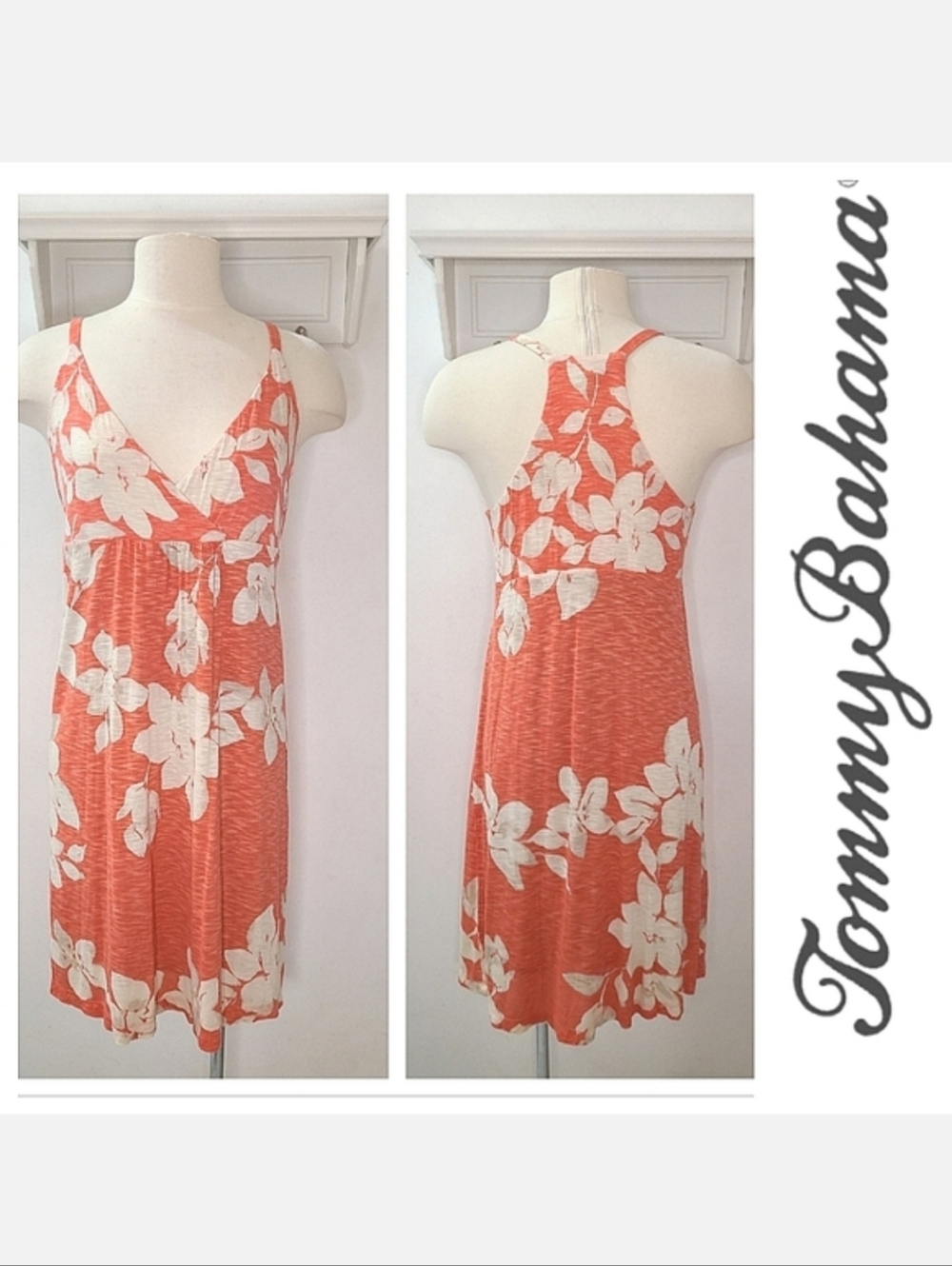 Tommy Bahama Racerback Sundress Coral Orange Sz S Empire Waist Floral Print